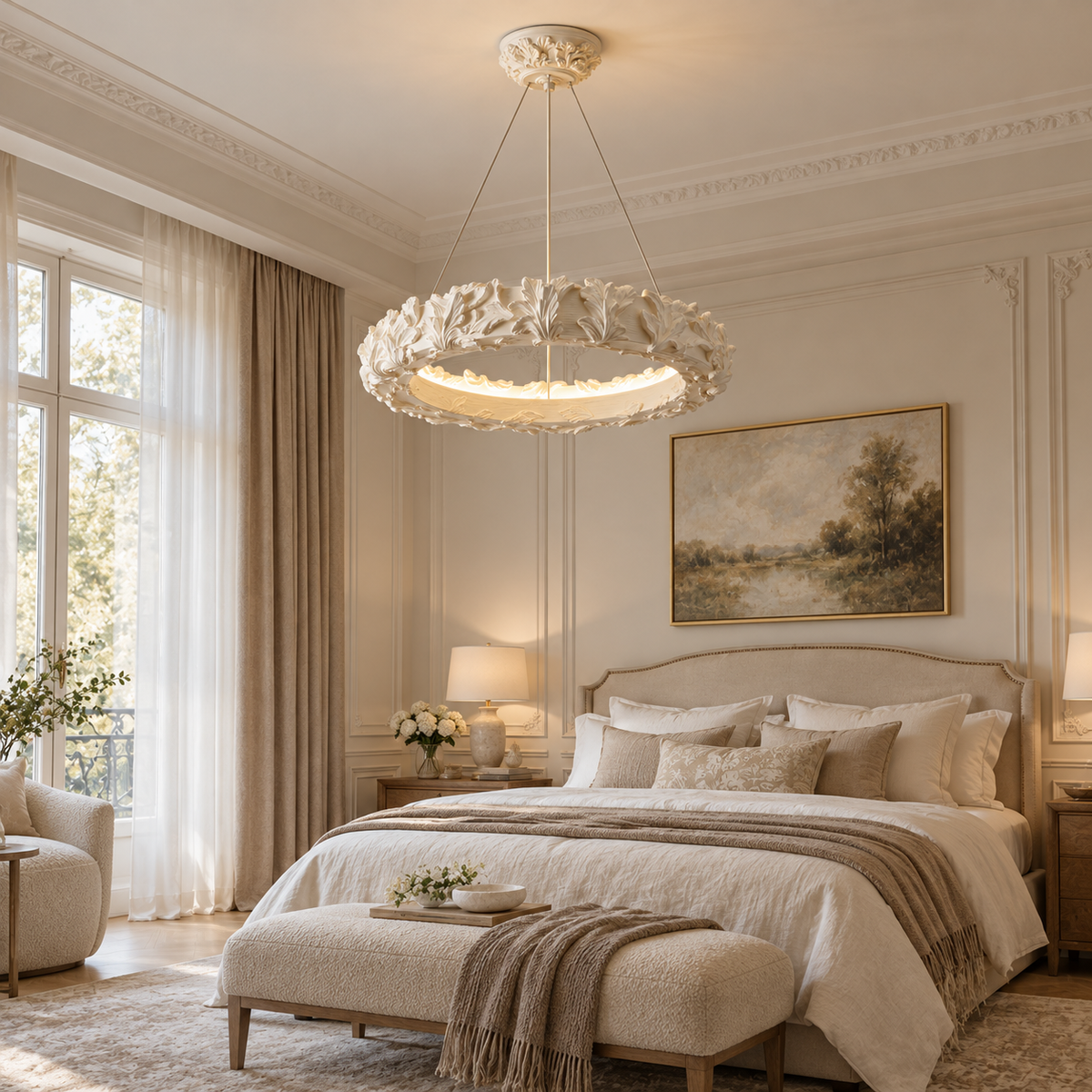 Leaf ring chandelier pendant with sculpted leaf edge and warm illuminated circular light