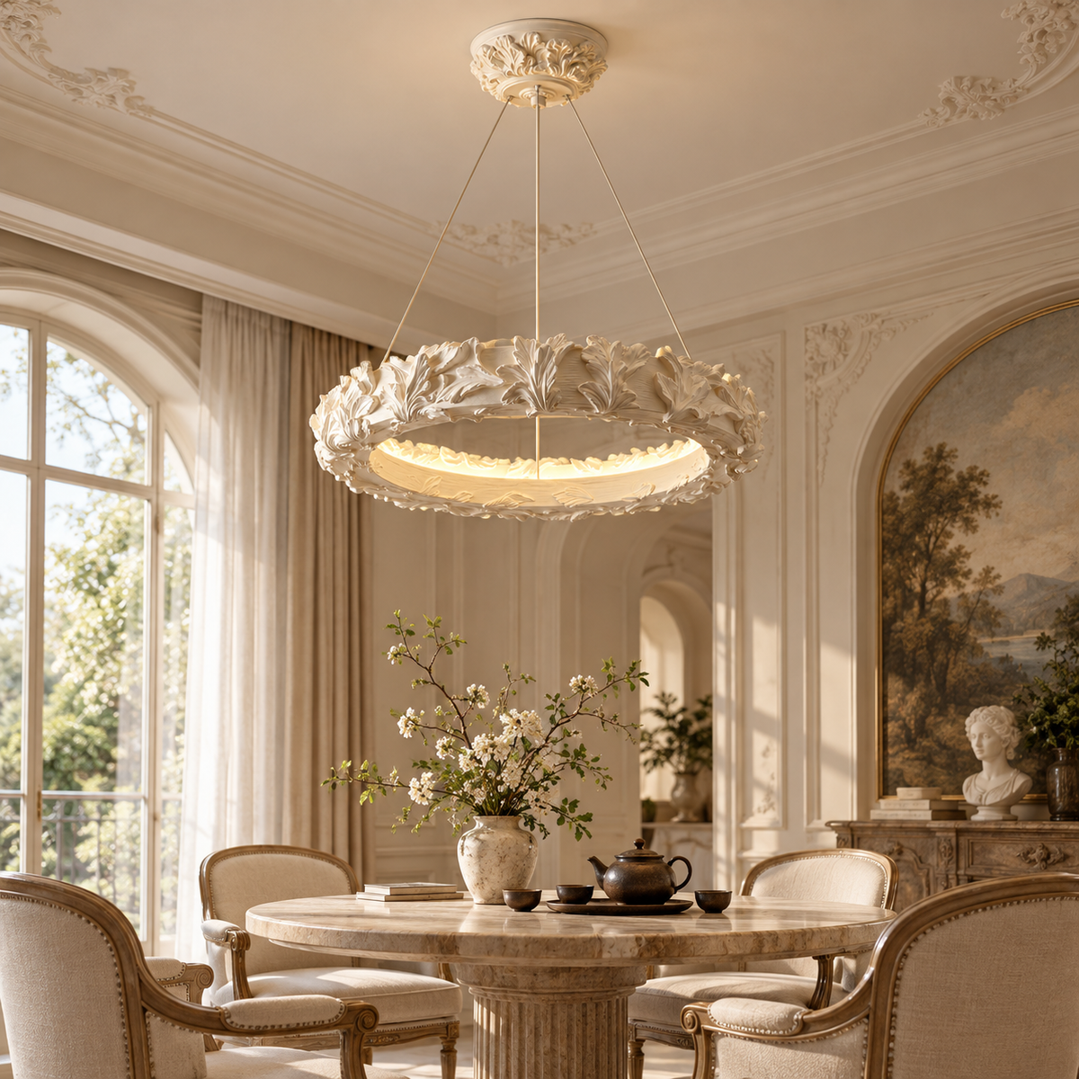 Leaf ring pendant chandelier with sculpted rim and warm glowing light on cords
