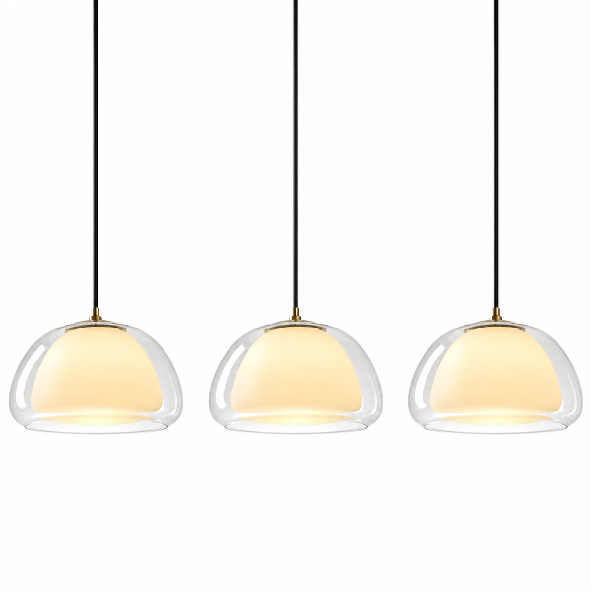 Clear glass curved pendant lights set with three rounded dome shades