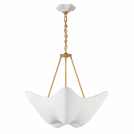 Chalk-white plaster chandelier with five petal shades and gold chain
