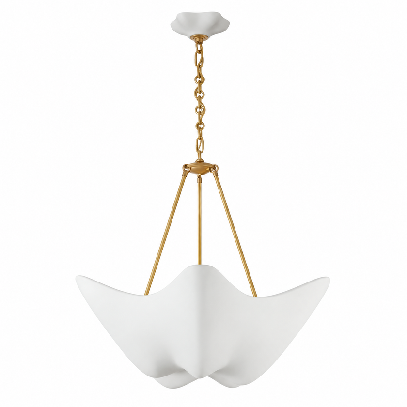 Chalk-white plaster chandelier with five petal shades and gold chain