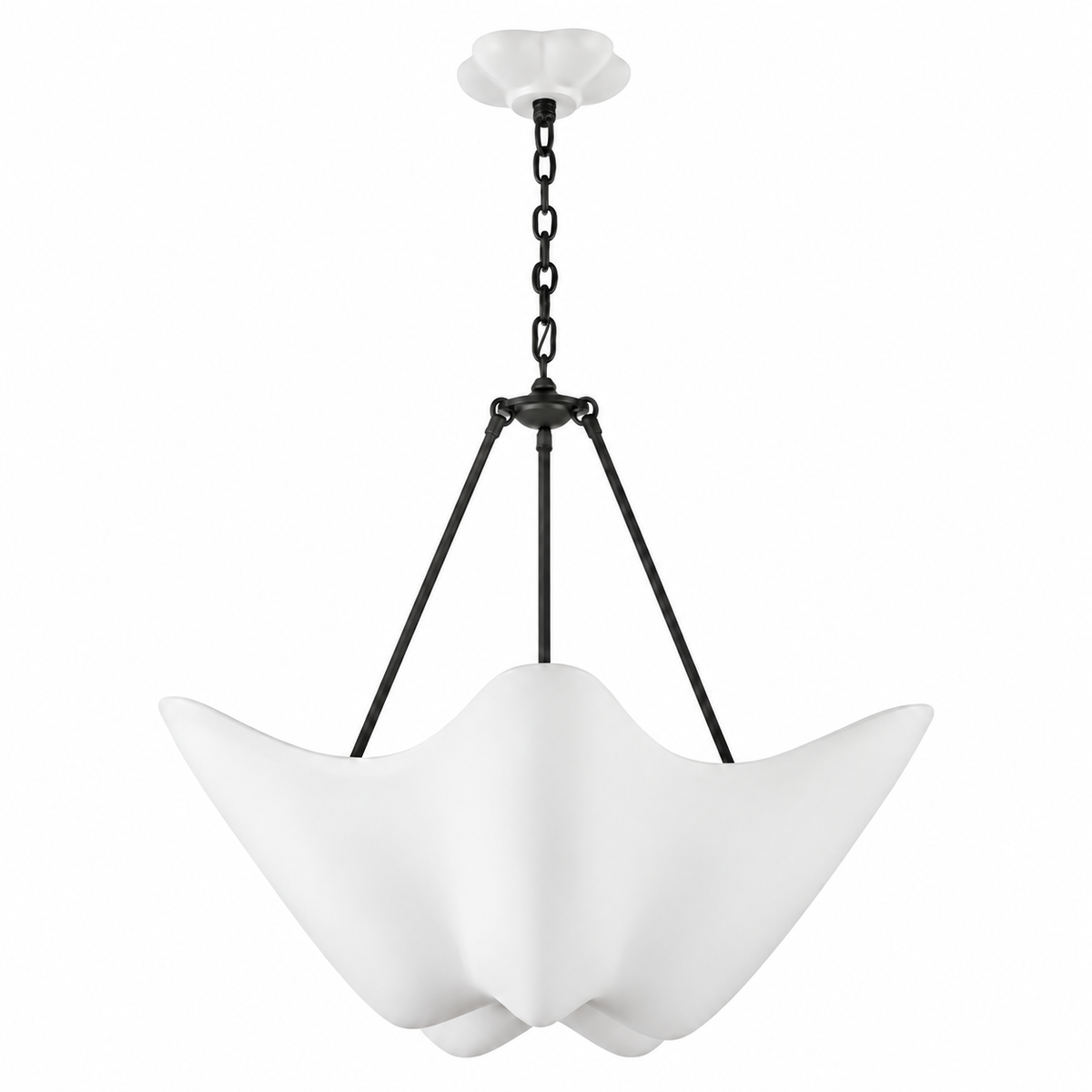 Chalk white plaster chandelier close-up with chain mount and scalloped petal shade
