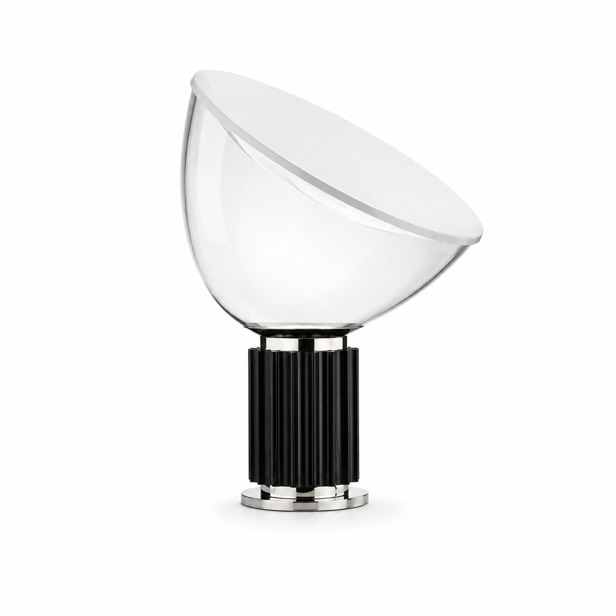 Dome glass saucer table lamp with clear dome shade and black ribbed base