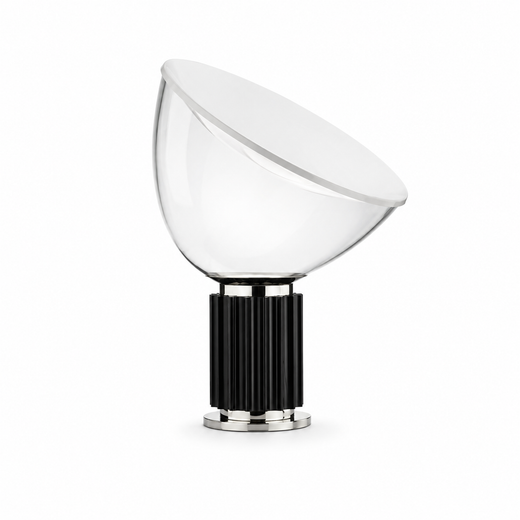 Dome glass saucer table lamp with clear dome shade and black ribbed base
