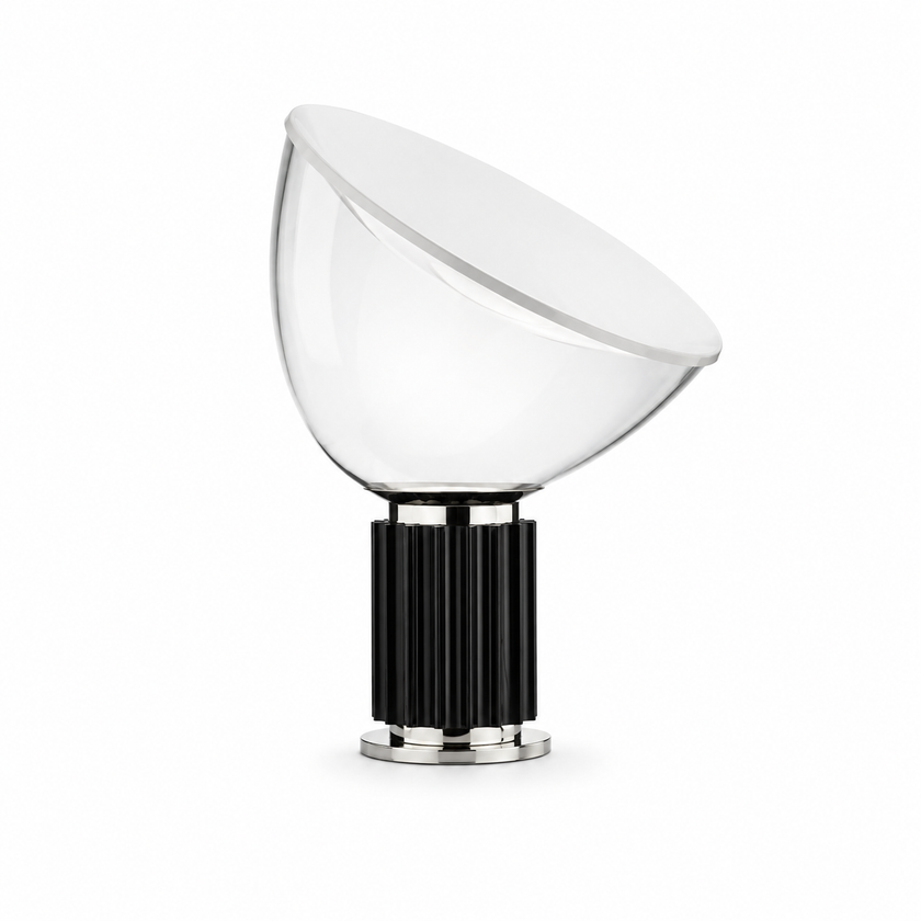 Dome glass saucer table lamp with clear dome shade and black ribbed base