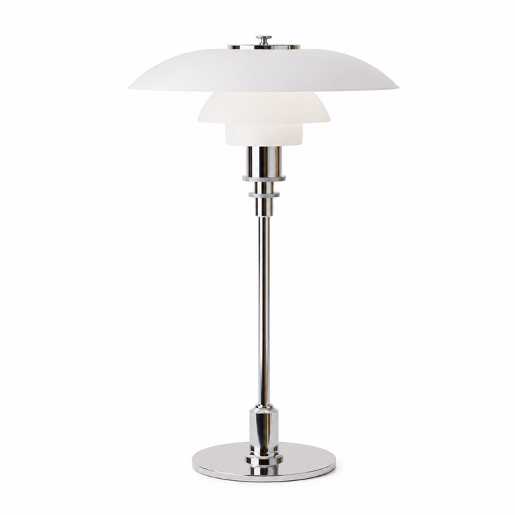 White dome glass table lamp with chrome base, slim column, and layered dome shades