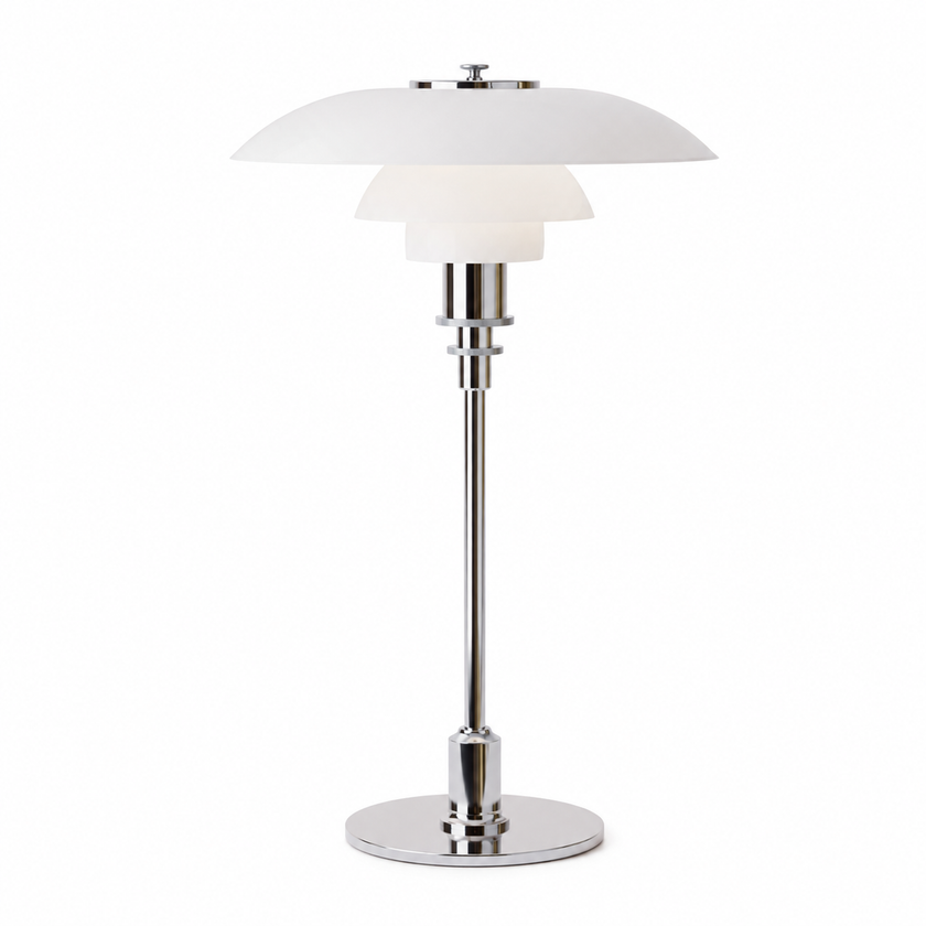 White dome glass table lamp with chrome base, slim column, and layered dome shades