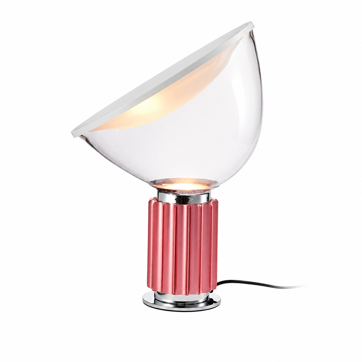 Dome glass saucer table lamp with rose gold ribbed base and clear dome glass shade