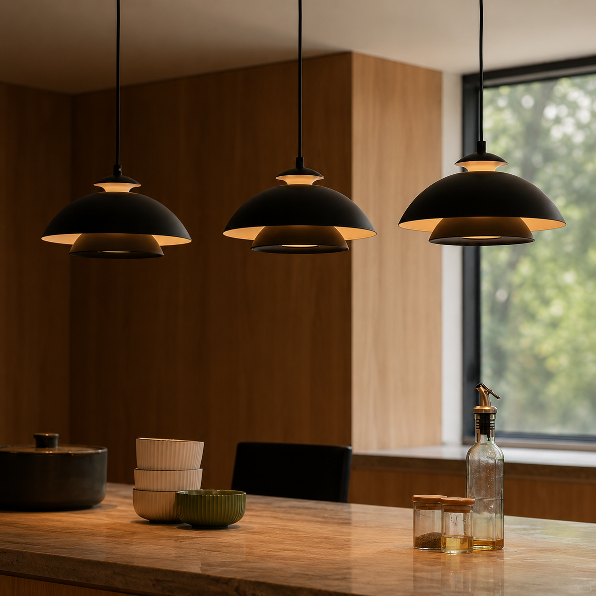 Set of three black dome pendant lights with layered metal shades and warm glow.