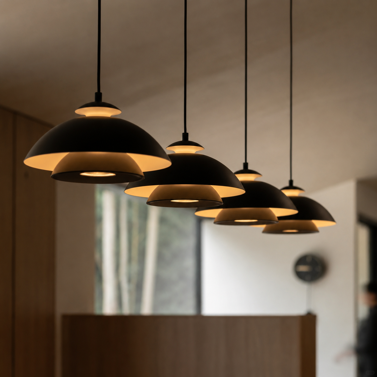 Multi-light black dome pendant fixture with layered shades emitting warm light.