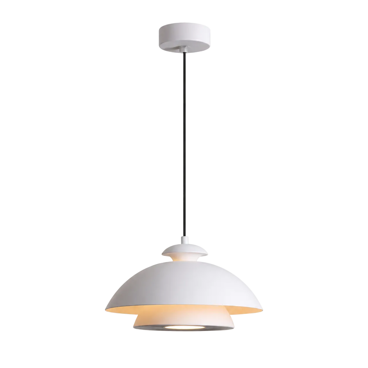 White dome pendant light with two-tier shade, hanging from ceiling mount