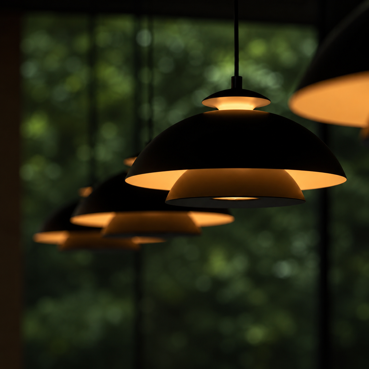 Black dome pendant light cluster with warm light from layered metal shades.