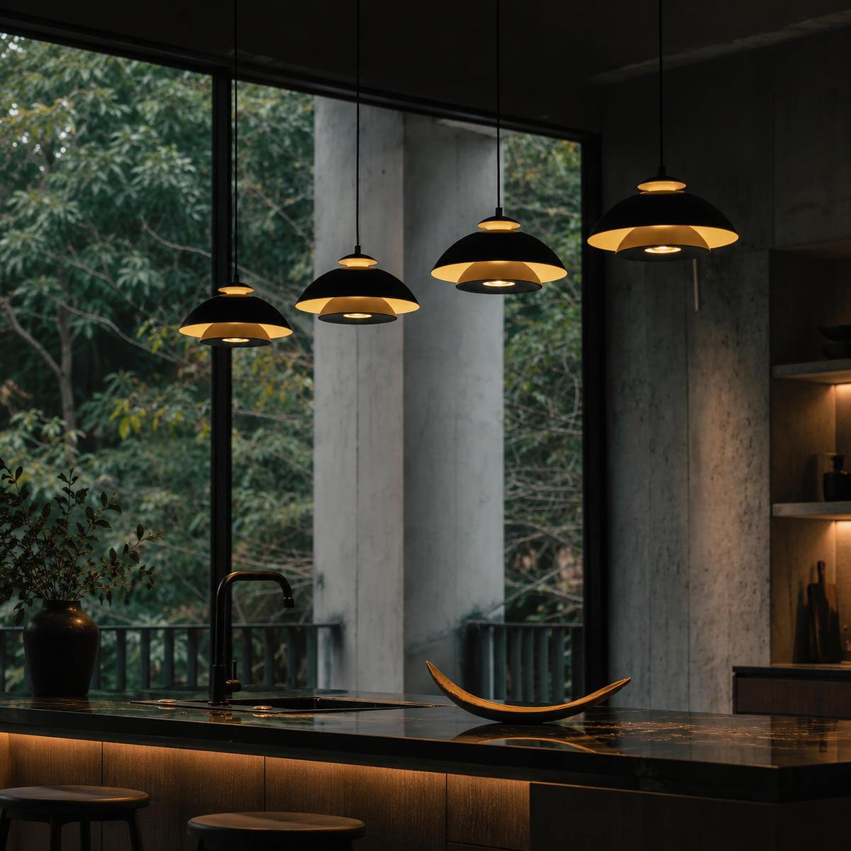 Black dome pendant lights with layered shades hanging in a modern kitchen.