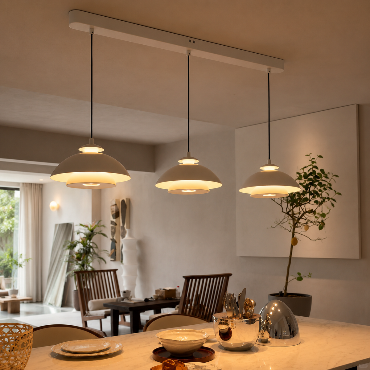 Multiple light dome pendant lights over a dining table with warm illumination.