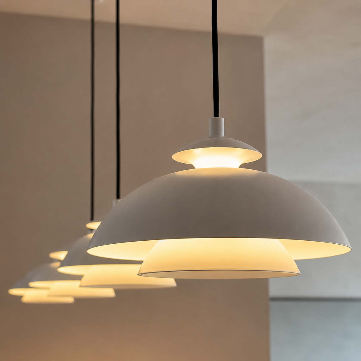 Light dome pendant light with layered metal shade emitting warm glow.