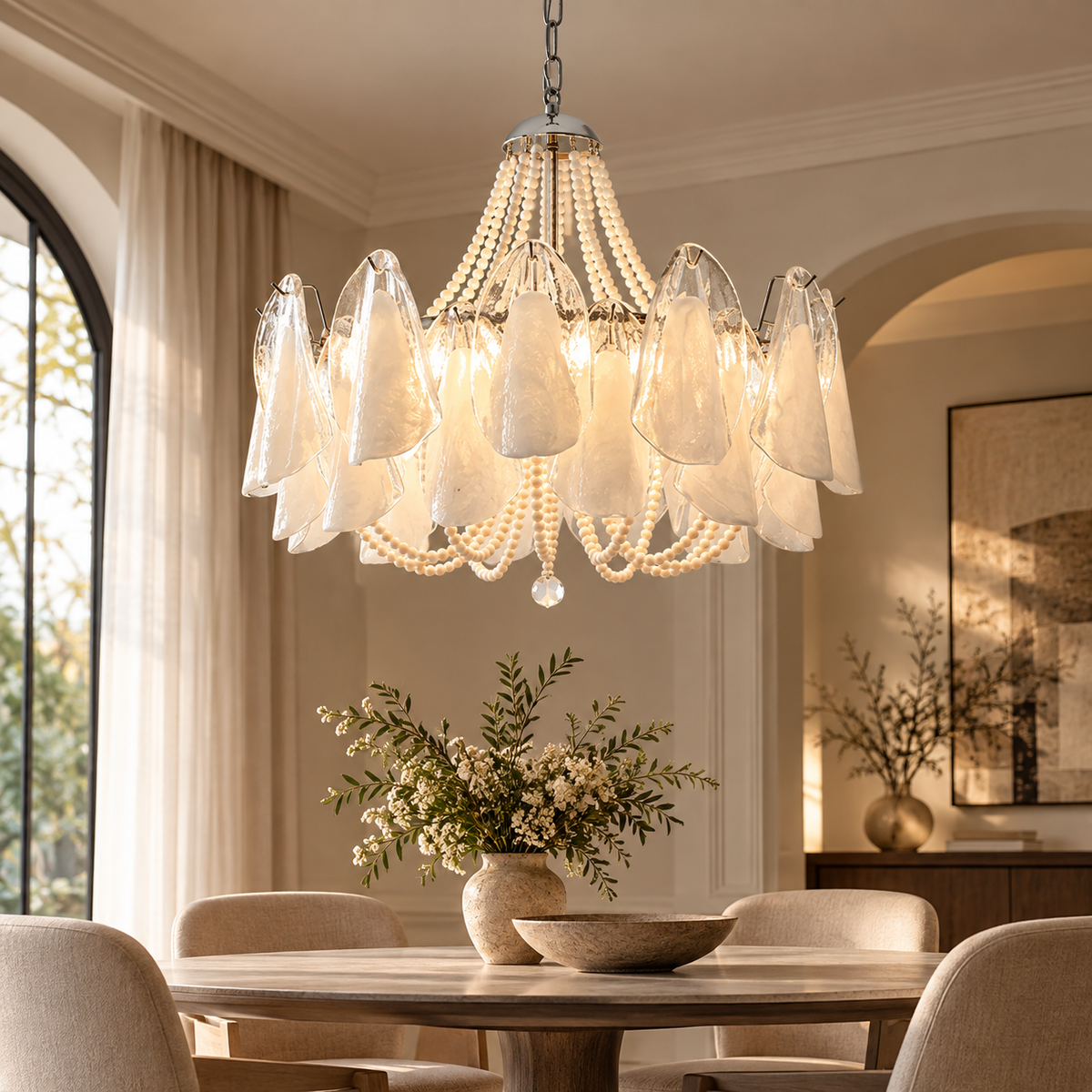 Murano Petal & Pearl chandelier with clear glass petal shades, pearl bead strands, and central frame