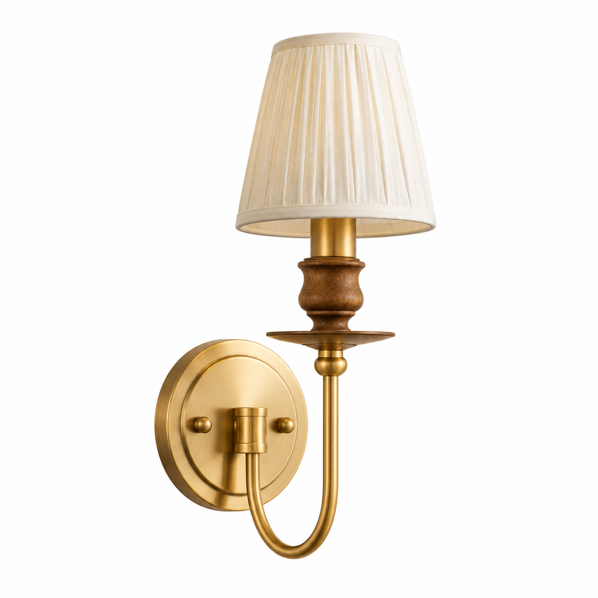 1-light brass wall sconce with pleated drum shade and curved arm
