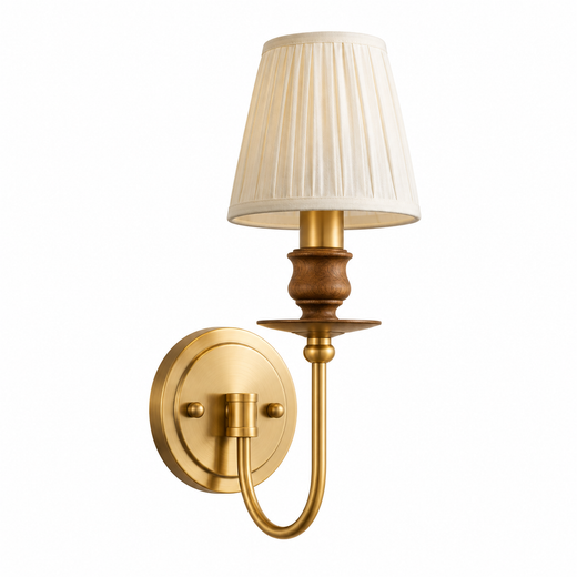 1-light brass wall sconce with pleated drum shade and curved arm