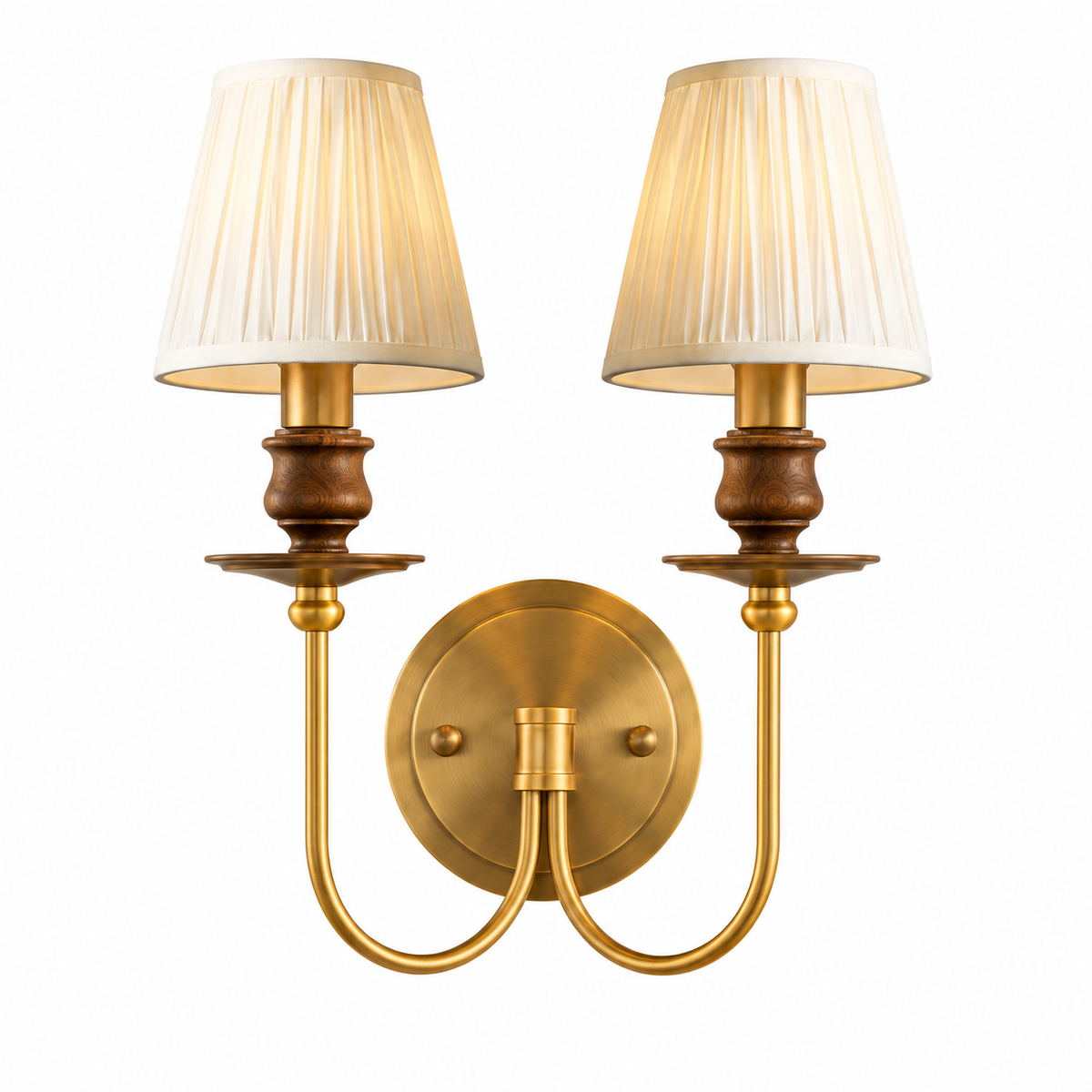 Two-light brass wall sconce with twin pleated drum shades and double arms