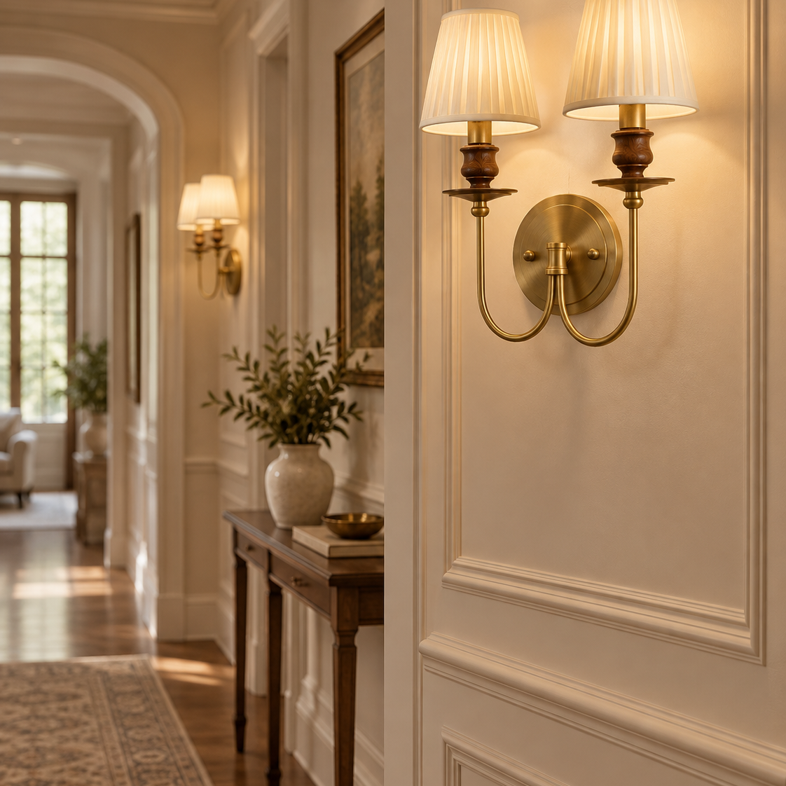 Two-light brass wall sconce with pleated drum shades on a paneled wall