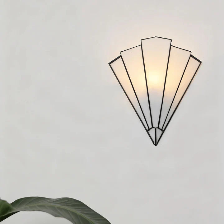 Deco fan wall sconce with five white panels and matte black metal base
