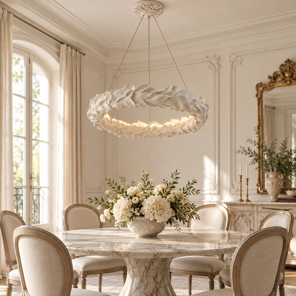 Leaf ring chandelier with textured off-white ruffle shade suspended by three cords