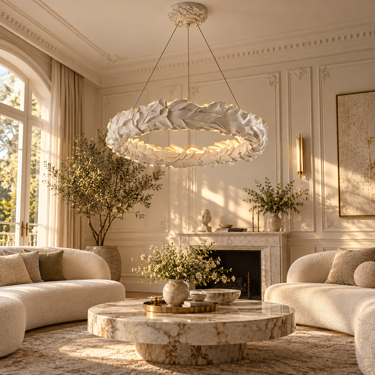 Sculptural leaf-ring chandelier with off-white ruffled ring shade and three suspension rods