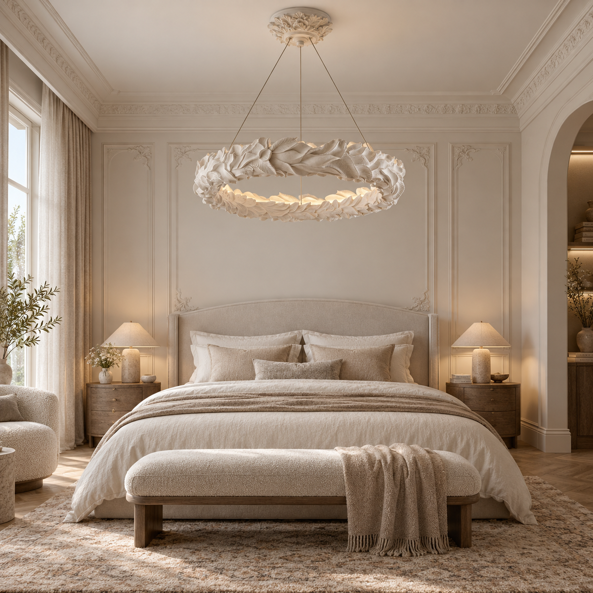 Leaf ring chandelier with off-white ruffled shade and round ceiling mounting canopy