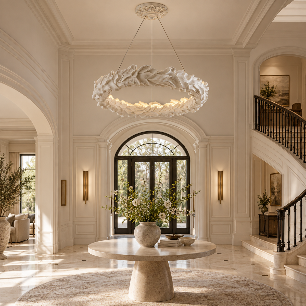 Off-white leaf-ring pendant chandelier with ruffled shade and ceiling canopy