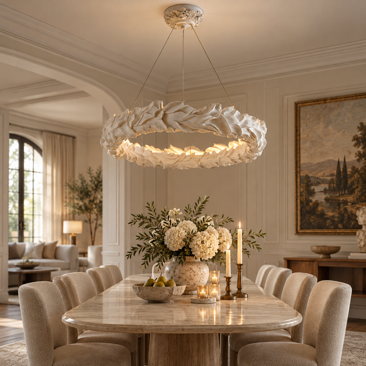 Sculptural leaf-ring chandelier featuring an off-white ruffled drum shade and cords