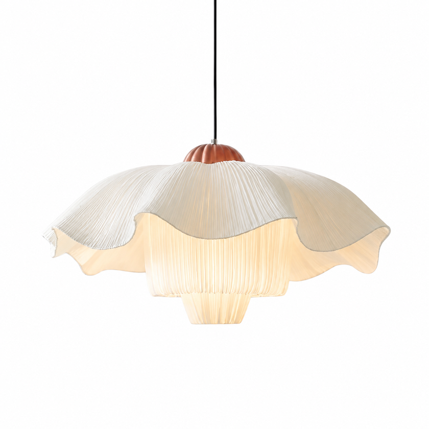 French linen pendant light with layered scalloped linen shade on black cord.