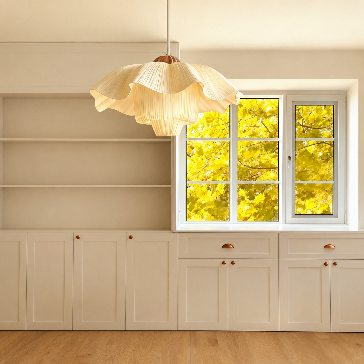 French linen pendant light with pleated scalloped linen shade hanging from ceiling.