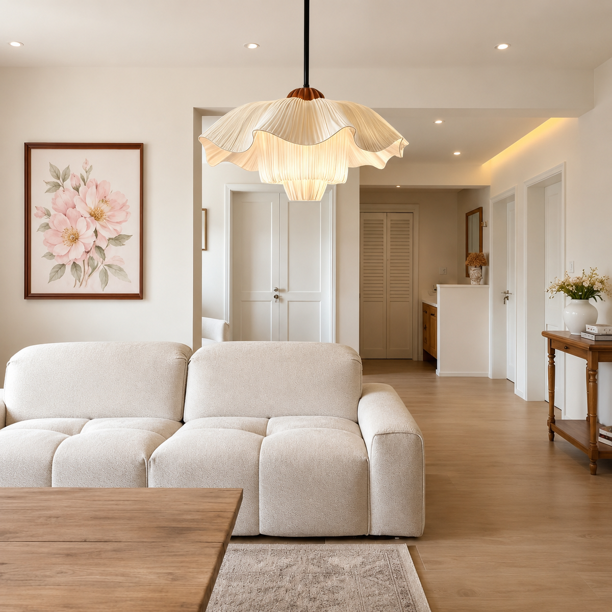 French linen pendant light with cream scalloped linen shade over living room seating.