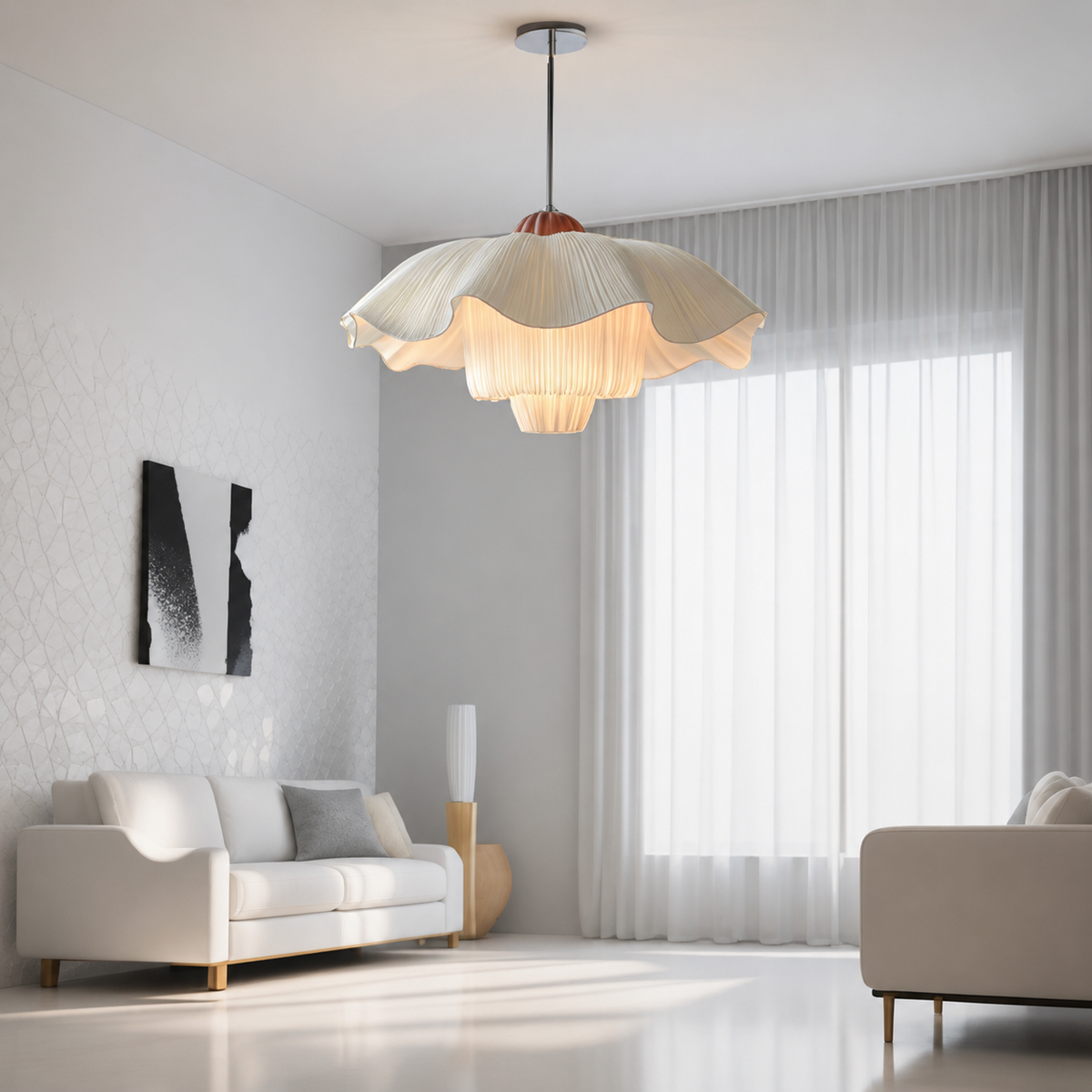 French linen pendant light with pleated scalloped linen shade, centered above curtains.