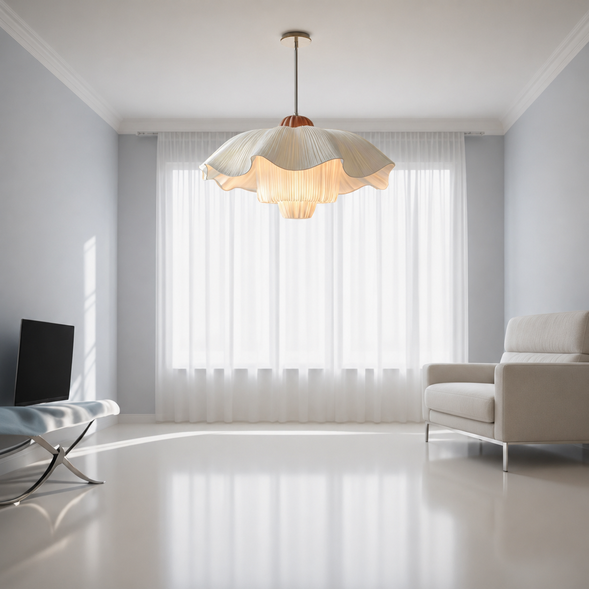French linen pendant light with scalloped linen shade over bright living room seating.