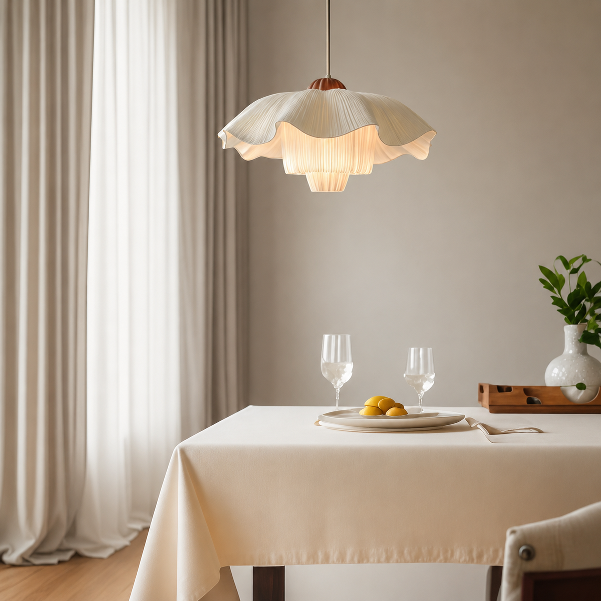 French linen pendant light with softly glowing scalloped linen shade over dining table.
