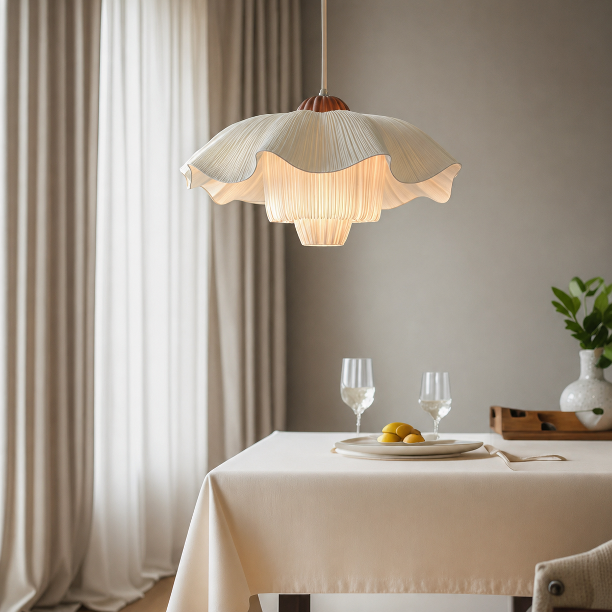 French linen pendant light with cream scalloped linen shade over dining table setting.