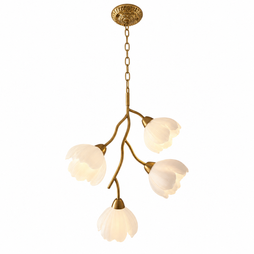 Floral branch chandelier with gold chain and five white frosted flower shades