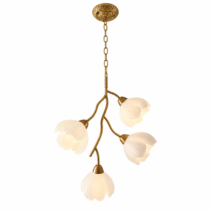 Floral branch chandelier with gold chain and five white frosted flower shades