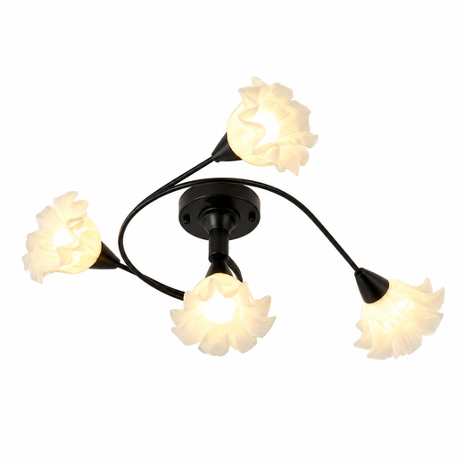 Black semi-flush chandelier with floral branch arms and five frosted flower shades