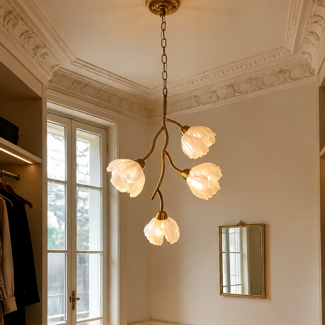 Gold-and-white floral branch chandelier with four white flower shades and chain