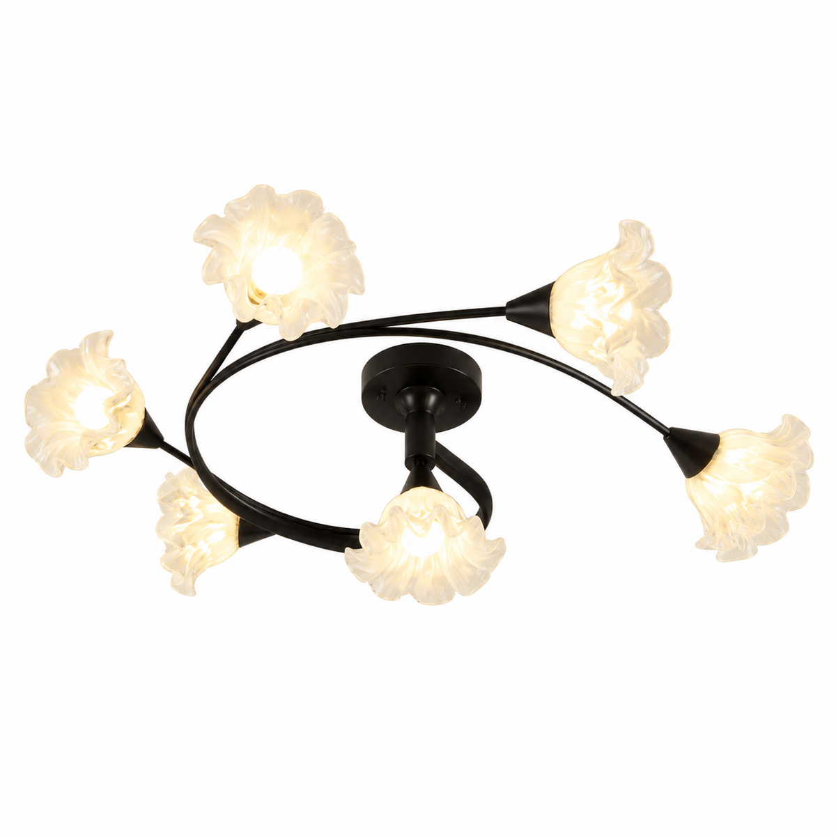Black round semi-flush chandelier with curved arms and multiple frosted flower bulbs