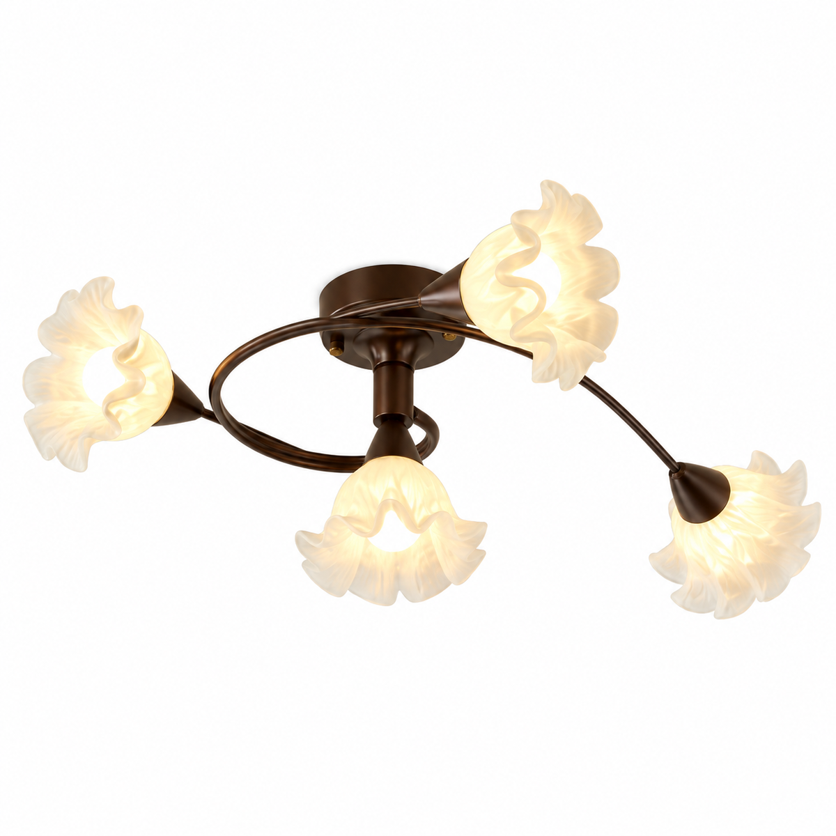 Coffee-brown semi-flush chandelier with curved arms and five frosted floral shades
