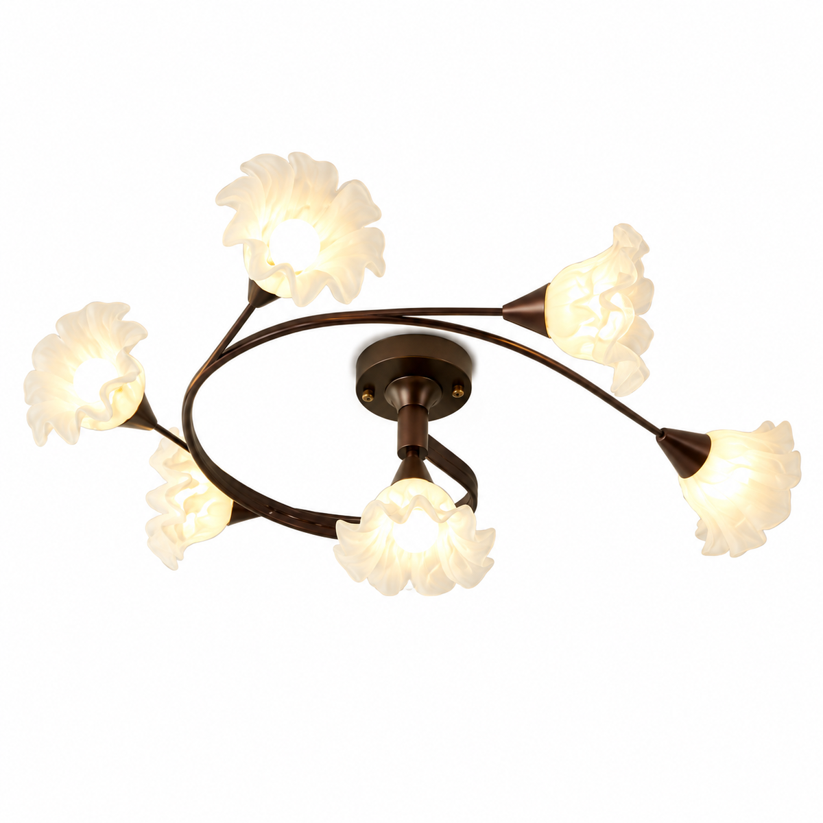 Dark semi-flush chandelier with floral branch arms and frosted flower-shaped glass shades