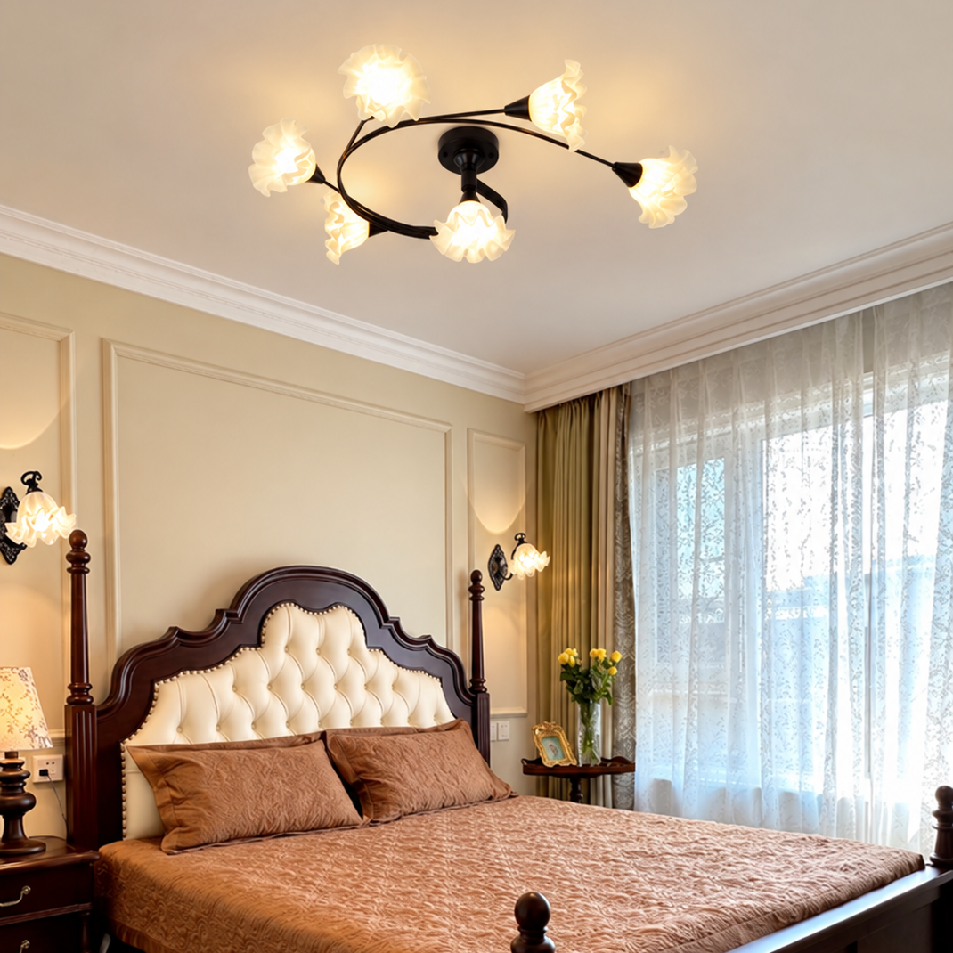 Black semi-flush chandelier with floral branch arms and frosted flower shades