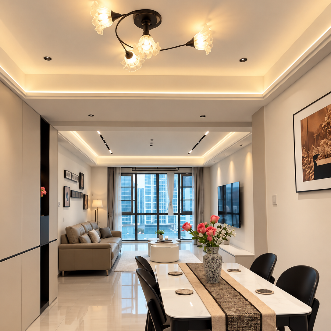 Black semi-flush chandelier with branching arms and five white glass flower shades