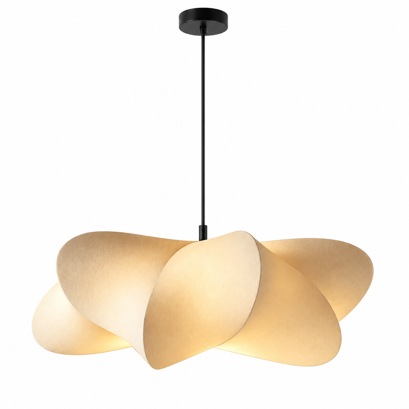 Sculptural silk petal pendant light with beige fabric shades and black ceiling canopy