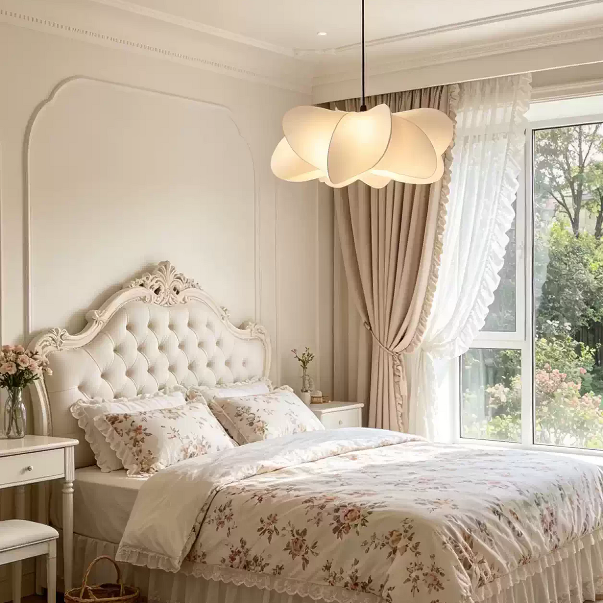 Cream sculptural silk petal pendant light with layered oval shades and warm glow.