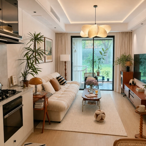 Beige sculptural silk petal pendant light above seating area with sofa and side table