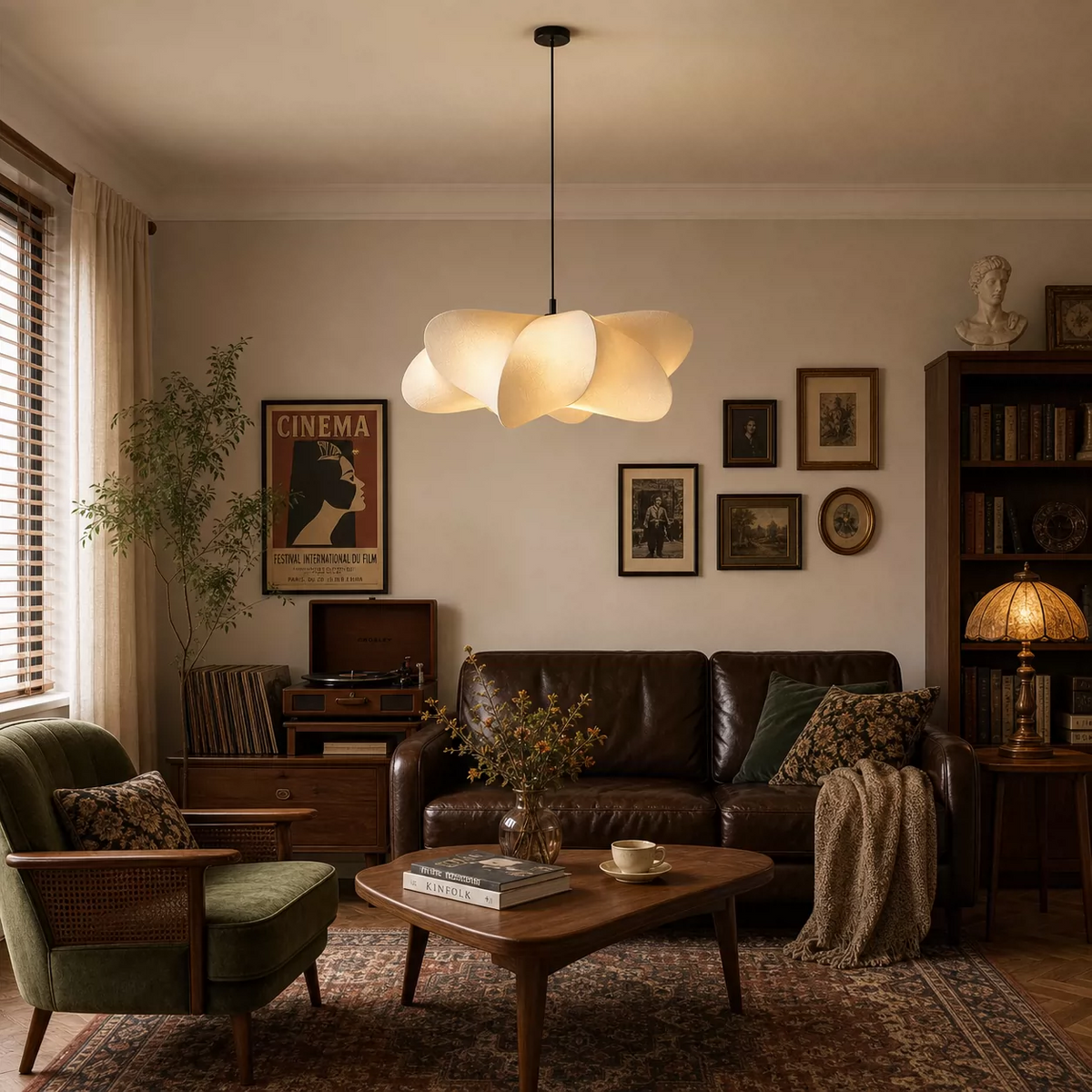 Beige sculptural silk petal pendant light hanging in a cozy living room near seating